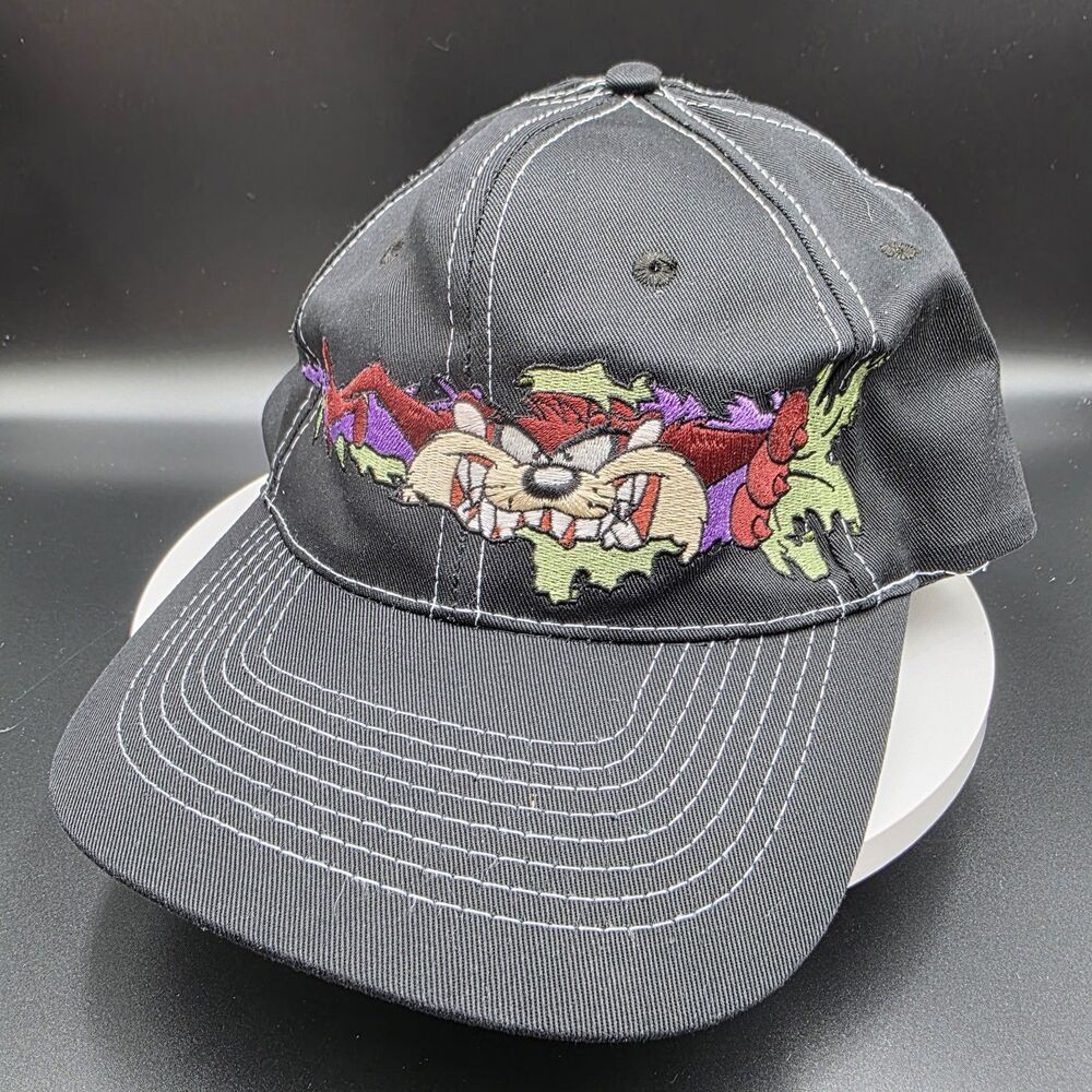 Vintage Tasmanian Devil Six Flags Hat Taz Cap Black SnapBack 1997
